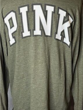 PINK Victoria's Secret Olive Green Long Sleeve Tee with White Logo